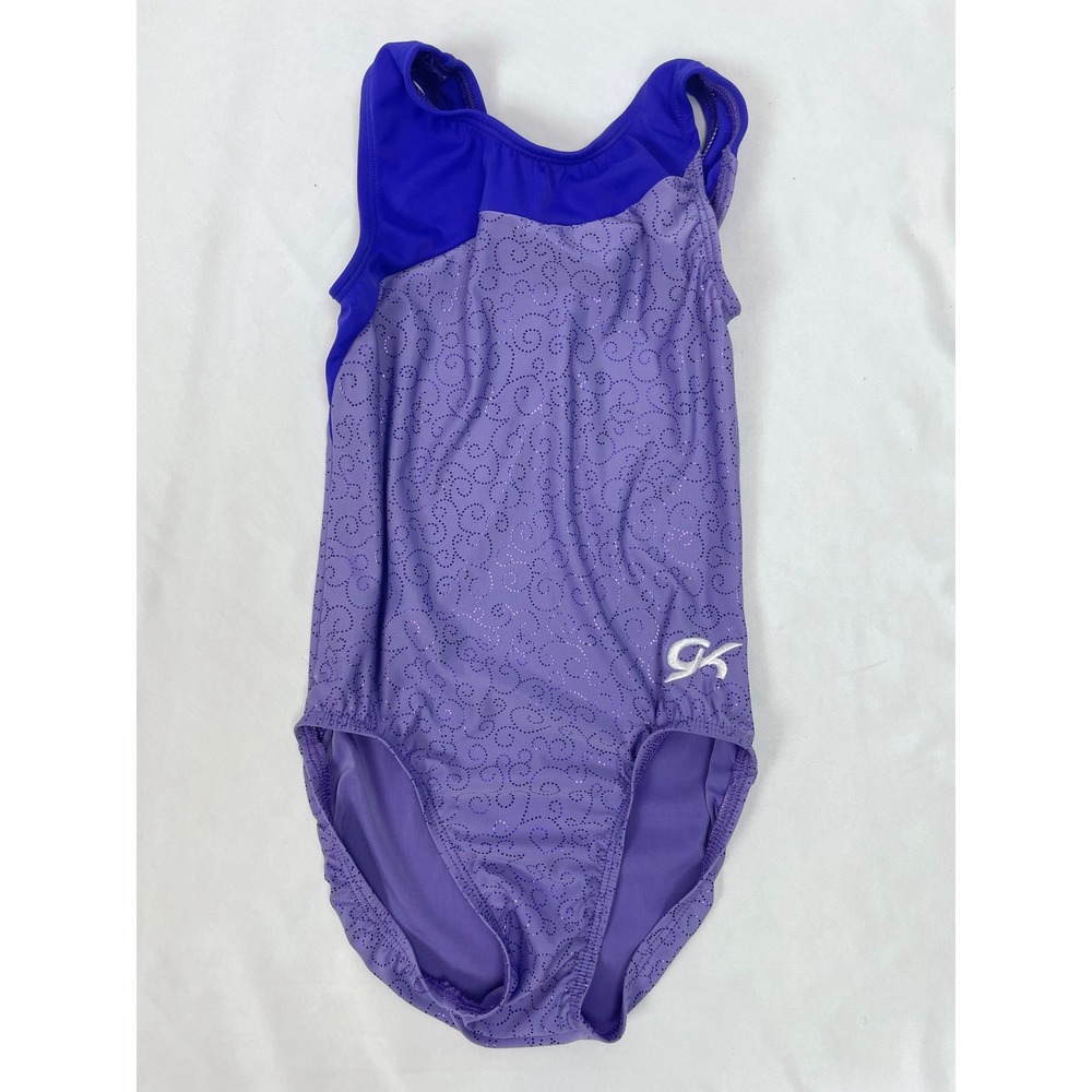 GK Child Large CL Purple Leotard Gymnastics Shiny Sleeveless Dance Swirl